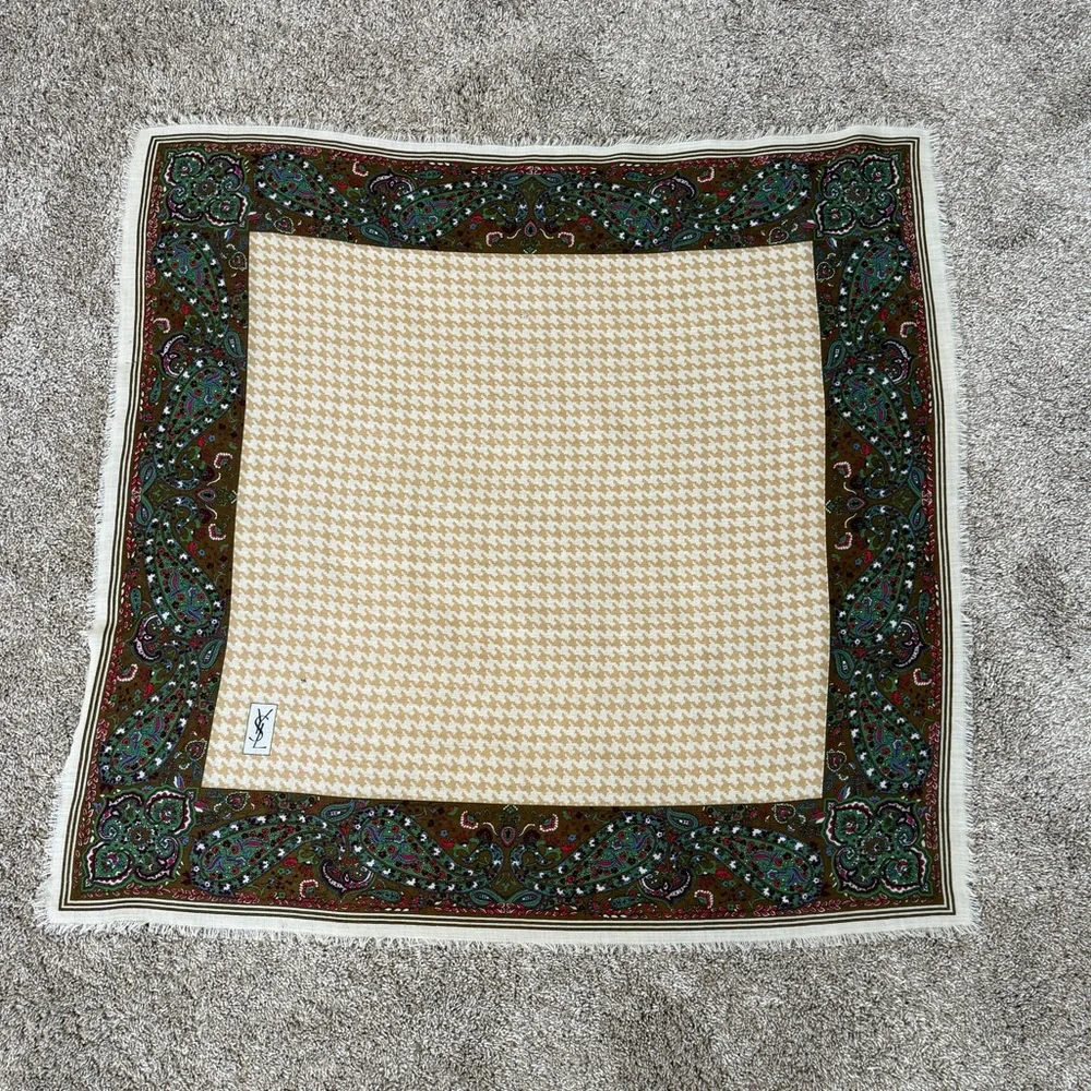 YSL Vintage Houndstooth Paisley Square Scarf Tan Cream Brown Green Red FLAWS